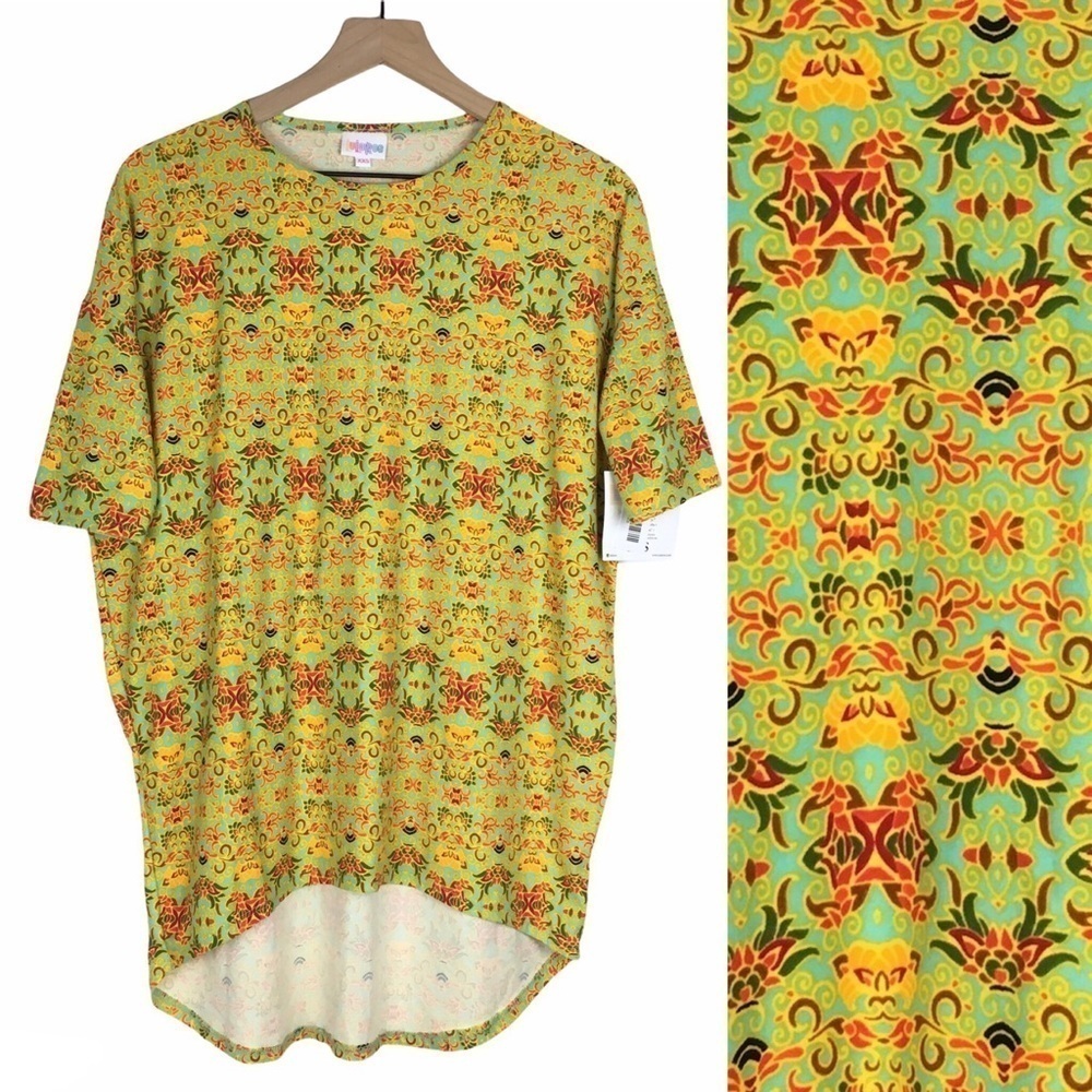 LULAROE Irma Tunic Top Leggings Material Hi Lo Hem Retro Mod Print Size XXS NWT